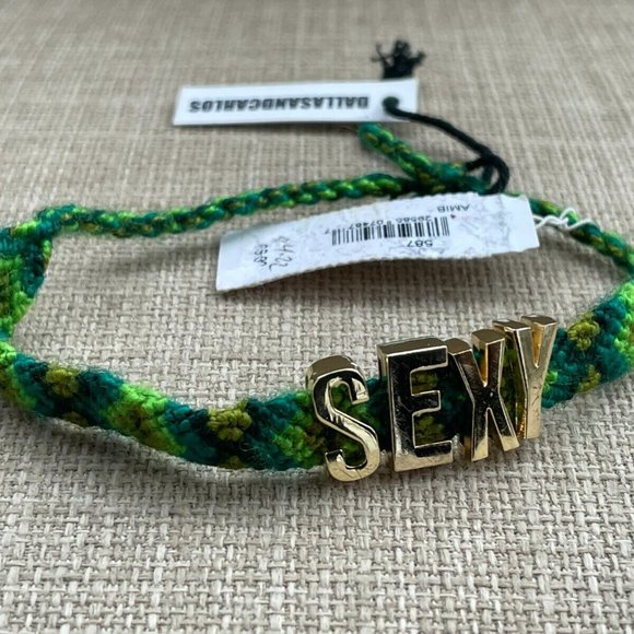 Dallas and Carlos Bracelet Handwoven AMICI Green Wristband SEXY Gold Tone Letter - Picture 2 of 11